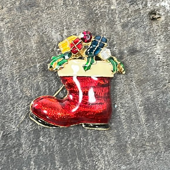 Vintage Jeweled Enamel Christmas Stocking Boot Gold tone Holiday Christmas - Picture 7 of 12
